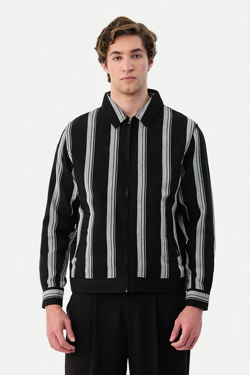 SNITCH Black Regular Fit Stripes Zipper Jacket for Men | Best Price UAE